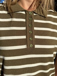 Wholesale Women's Knit Sweater Button Detail - Green & Ecru - 32889 | REEL TRİKO - Thumbnail