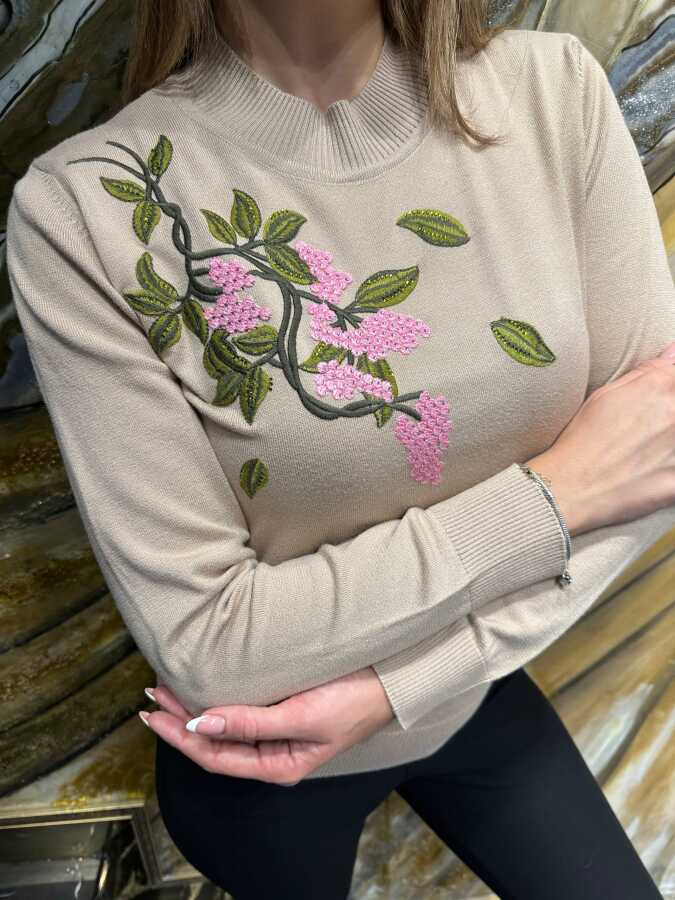 Wholesale Women’s Knit Sweater - Colorful Embroidery - Beige - 33003 | REEL TRİKO - 2