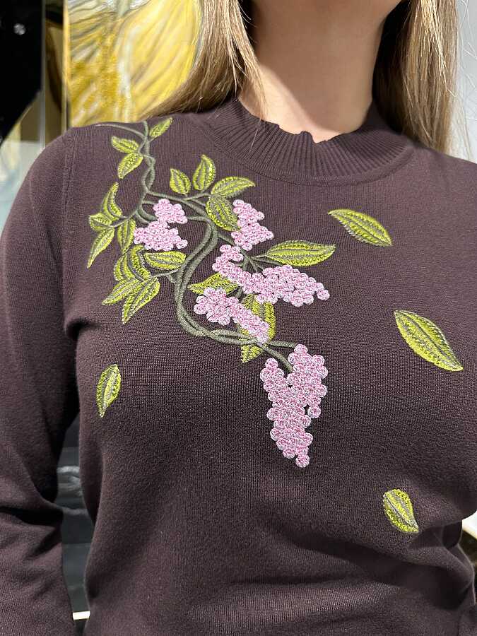 Wholesale Women’s Knit Sweater Colorful Embroidery – Dark Brown - 33003 | REEL TRİKO - 3