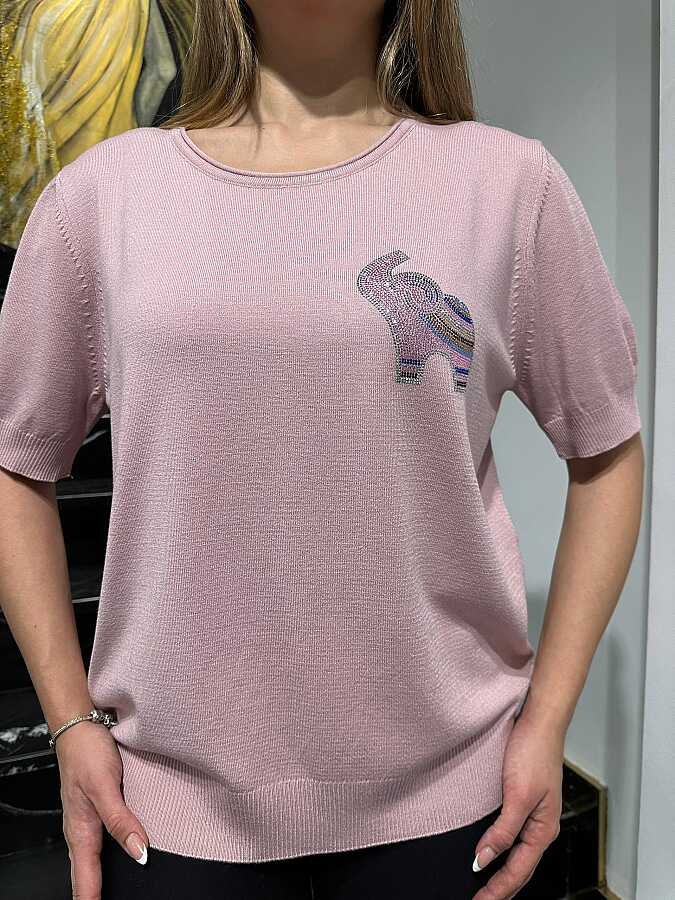 Wholesale Women’s Knit Sweater Elephant Pattern – Powder Pink - 32980 | REEL TRİKO - 2