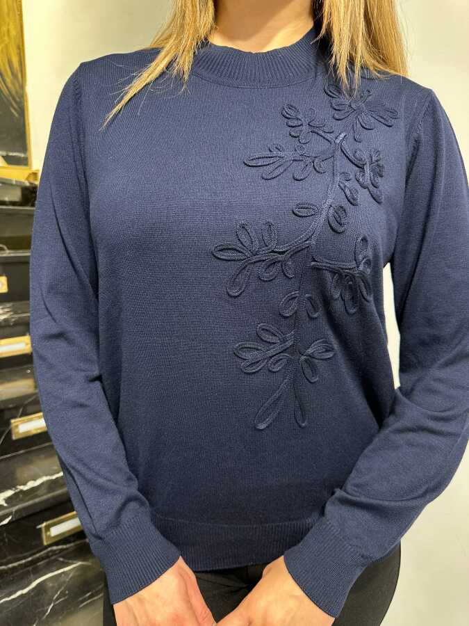 Wholesale Women’s Knit Sweater - Embroidered - Navy Blue - 32852 | REEL TRİKO - 2