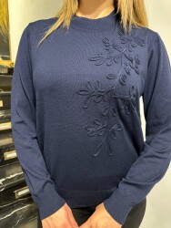 Wholesale Women’s Knit Sweater - Embroidered - Navy Blue - 32852 | REEL TRİKO - 2