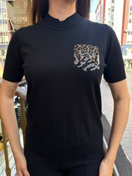 Wholesale Women's Knit Sweater Leopard Pocket Detail Navy Blue - 32348 | REEL TRİKO - Thumbnail