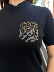Wholesale Women's Knit Sweater Leopard Pocket Detail Navy Blue - 32348 | REEL TRİKO - Thumbnail