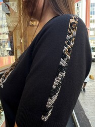 Wholesale Women's Knit Sweater Leopard Pocket Detail Navy Blue - 32348 | REEL TRİKO - Thumbnail