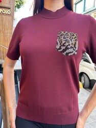 Wholesale Women's Knit Sweater Leopard Pocket Detail - Plum - 32348 | REEL TRİKO - Thumbnail
