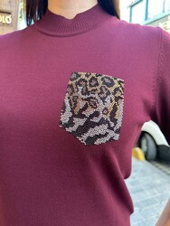 Wholesale Women's Knit Sweater Leopard Pocket Detail - Plum - 32348 | REEL TRİKO - Thumbnail