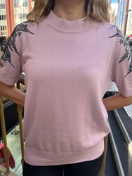 Wholesale Women's Knitwear Sweater Crystal Stone Embroidered Powder - 31679 | REEL KNITWEAR - Thumbnail