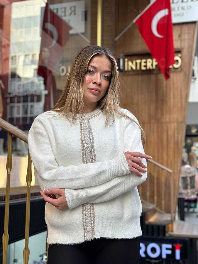 Wholesale Women’s Knitted Cardigan Button Detail – Ecru - 30183 | REEL TRİKO