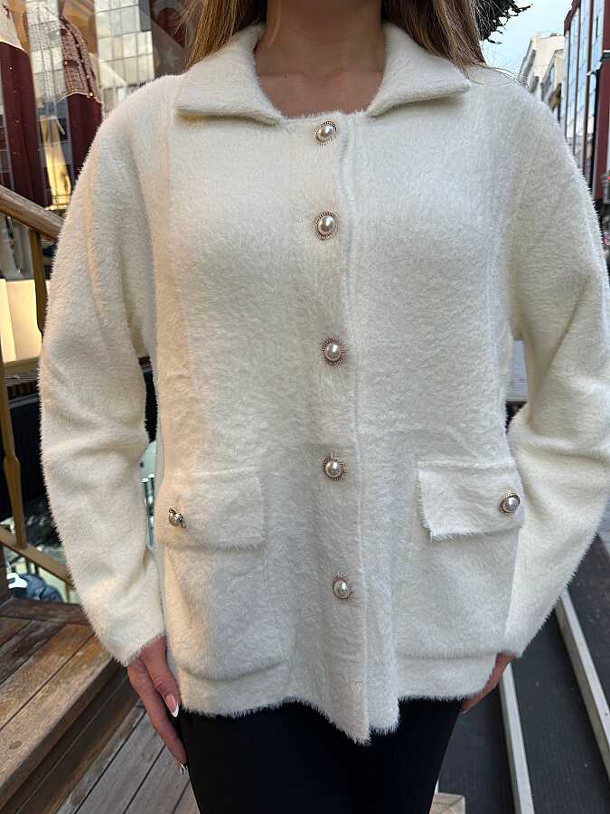 Wholesale Women’s Knitted Cardigan Pocket Detail – Ecru – 30756 | REEL TRİKO - 2