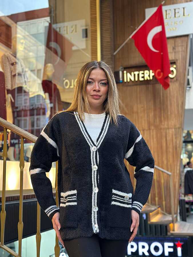 Wholesale Women’s Knitted Cardigan Pockets – Black & White – 30784 | REEL TRİKO