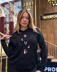 Wholesale Women's Knitted Sweater Floral Pattern, Black - 32508 | REEL TRİKO - 1