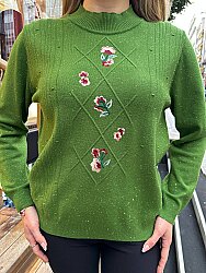 Wholesale Women’s Knitted Sweater Floral Pattern – Grass Green - 32508 | REEL TRİKO - 2