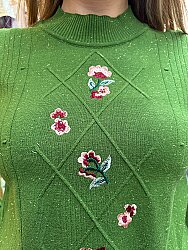 Wholesale Women’s Knitted Sweater Floral Pattern – Grass Green - 32508 | REEL TRİKO - 3
