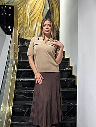 Wholesale Women’s Knitted Sweater, Polo Collar, Zippered, Beige - 32639 | REEL TRİKO - 1