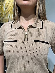 Wholesale Women’s Knitted Sweater, Polo Collar, Zippered, Beige - 32639 | REEL TRİKO - 5