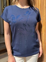 Wholesale Women's Knitted Sweater Stone Embellishments, Navy Blue - 32614 | REEL TRİKO 1993 - Thumbnail