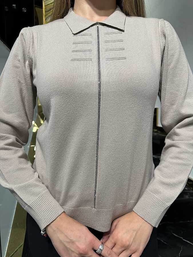 Wholesale Women’s Knitted Sweater Stone Embellishments - Dark Beige - 32918 | REEL TRİKO - 2