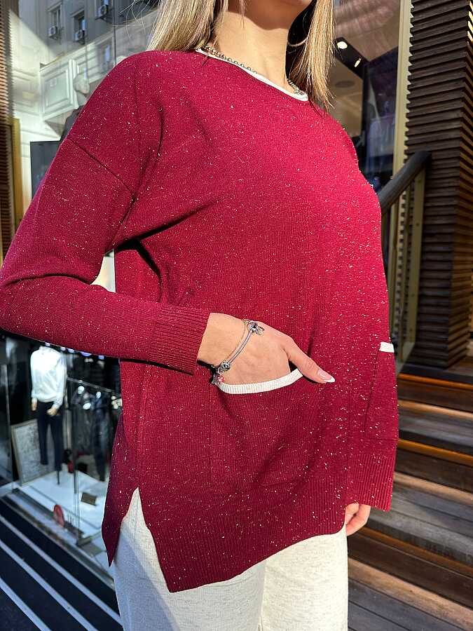 Wholesale Women’s Knitted Sweater with Pocket Detail - Plum - 31390 | REEL TRİKO - 2
