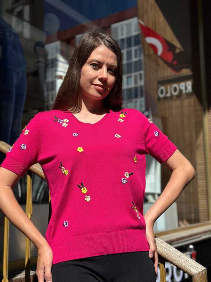 Reel Triko - Wholesale Women's Knitted Sweater Colorful Floral Embroidery, Fuchsia - 31998 | REEL TRİKO