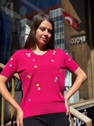 Wholesale Women's Knitted Sweater Colorful Floral Embroidery, Fuchsia - 31998 | REEL TRİKO - Thumbnail