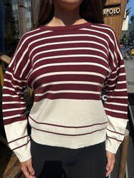 Wholesale Women's Knitted Sweater Colorful Striped Burgundy - 32802 | REEL TRİKO - Thumbnail