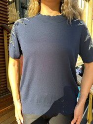Wholesale Women's KnitSweater Crystal Stone Embellishment Navy Blue - 31679 | REEL TRİKO - Thumbnail