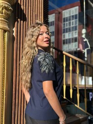 Wholesale Women's KnitSweater Crystal Stone Embellishment Navy Blue - 31679 | REEL TRİKO - Thumbnail