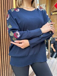 Wholesale Women's Knitted Sweater Floral Embroidery, Navy Blue - 32393 | REEL TRİKO - 2