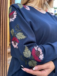 Wholesale Women's Knitted Sweater Floral Embroidery, Navy Blue - 32393 | REEL TRİKO - 3