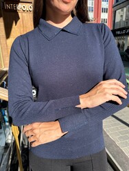 Wholesale Women's Knitted Sweater Polo Collar Navy Blue - 32202 | REEL TRİKO - Thumbnail