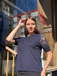 Wholesale Women's Knitted Sweater Tulle Detail - Navy Blue - 32412 | REEL TRİKO - Thumbnail