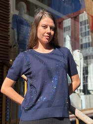 Wholesale Women's Knitted Sweater Crystal Stone Embellishments, Navy Blue - 31833 | REEL TRİKO - Thumbnail