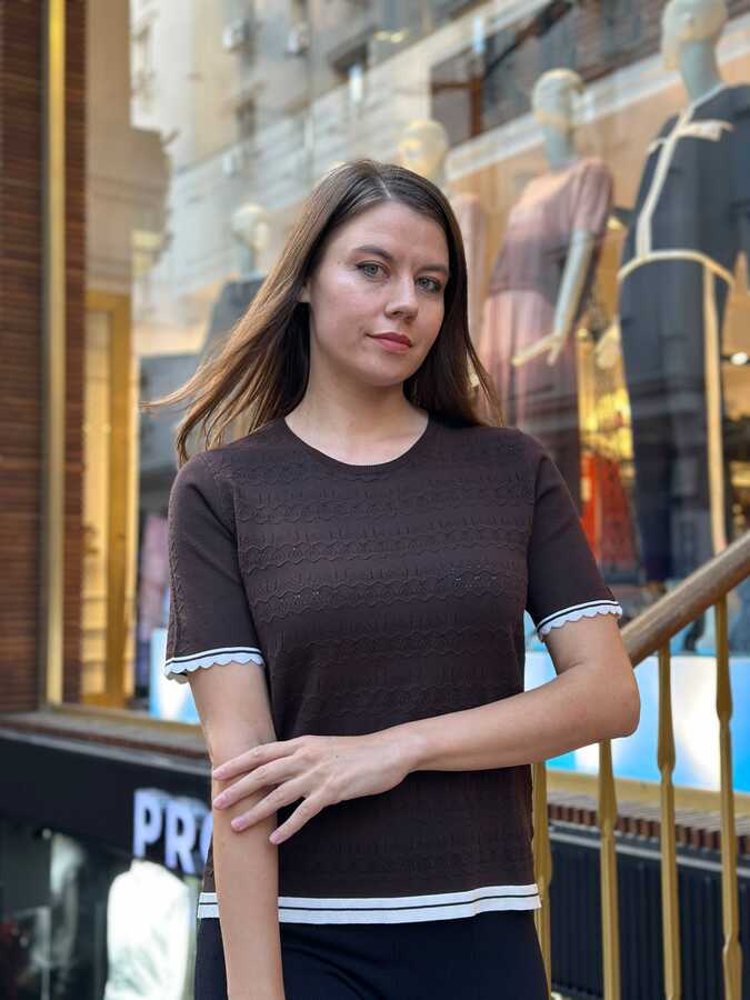 Reel Triko - Wholesale Women's Short-Sleeve Brown Knit Sweater - 31762 | REEL TRİKO