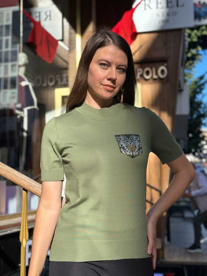 Reel Triko - Wholesale Women's Short-Sleeve Knit Sweater Green - 31552 | REEL TRİKO