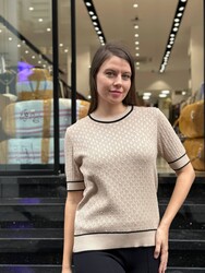 Wholesale Women's Short-Sleeve Knit Sweater - Beige/Black - 32584 | REEL TRİKO - Thumbnail