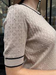 Wholesale Women's Short-Sleeve Knit Sweater - Beige/Black - 32584 | REEL TRİKO - Thumbnail