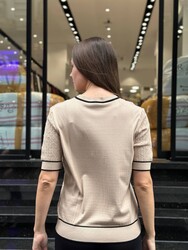 Wholesale Women's Short-Sleeve Knit Sweater - Beige/Black - 32584 | REEL TRİKO - Thumbnail