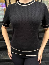 Wholesale Women's Short-Sleeve Knit Sweater – Black & Ecru – 32584 | REEL TRİKO - Thumbnail