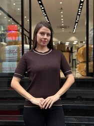 Wholesale Women's Short-Sleeve Knit Sweater Brown & Beige - 32584 | REEL TRİKO - Thumbnail