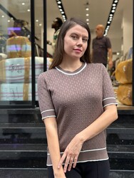 Wholesale Women's Short-Sleeve Knit Sweater – Mink & Ecru - 32584 | REEL TRİKO - Thumbnail