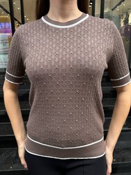 Wholesale Women's Short-Sleeve Knit Sweater – Mink & Ecru - 32584 | REEL TRİKO - Thumbnail