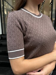Wholesale Women's Short-Sleeve Knit Sweater – Mink & Ecru - 32584 | REEL TRİKO - Thumbnail