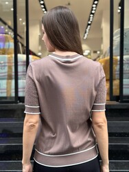 Wholesale Women's Short-Sleeve Knit Sweater – Mink & Ecru - 32584 | REEL TRİKO - Thumbnail