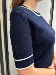 Wholesale Women's Knitwear Sweater Short Sleeve Navy Blue Ecru - 32584 | REEL KNITWEAR - Thumbnail