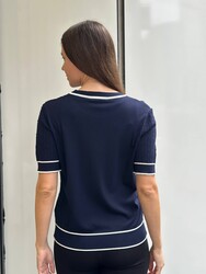 Wholesale Women's Knitwear Sweater Short Sleeve Navy Blue Ecru - 32584 | REEL KNITWEAR - Thumbnail
