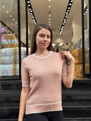 Wholesale Women's Short-Sleeve Knit Sweater - Powder & Ecru - 32584 | REEL TRİKO - Thumbnail
