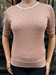 Wholesale Women's Short-Sleeve Knit Sweater - Powder & Ecru - 32584 | REEL TRİKO - Thumbnail