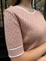 Wholesale Women's Short-Sleeve Knit Sweater - Powder & Ecru - 32584 | REEL TRİKO - Thumbnail