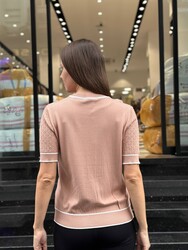 Wholesale Women's Short-Sleeve Knit Sweater - Powder & Ecru - 32584 | REEL TRİKO - Thumbnail